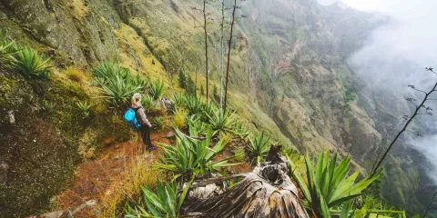 Randonneuse sur un promontoire volcanique dominant une vallée verdoyante et brumeuse à Santo Antão, Cap-Vert