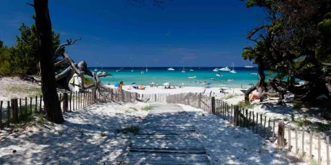 Plage paradisiaque en Corse avec sable blanc, eau turquoise et bateaux