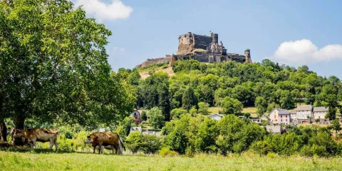 Château de Murol dominant les paysages volcaniques et les prairies du Puy-de-Dôme en Auvergne