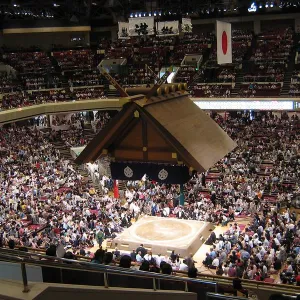 Scène d'un tournoi de sumo au centre de Tokyo.