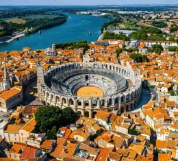 Une photo aérienne des arènes antiques d'Arles.