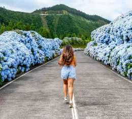 Jeune femme courant sur une route bordée d’hortensias à Sete Cidades, île de São Miguel, Açores