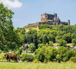 Château de Murol dominant les paysages volcaniques et les prairies du Puy-de-Dôme en Auvergne