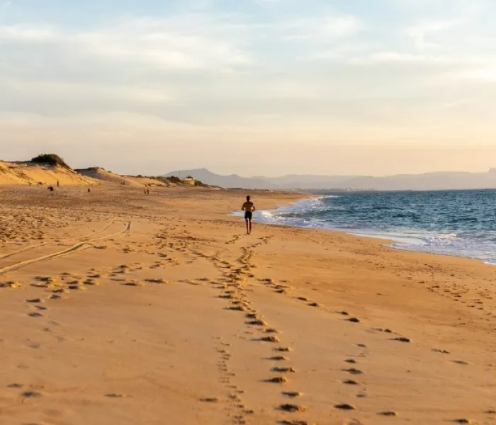 Une personne marche sur une plage sauvage des Landes bordée par les dunes et l'océan Atlantique