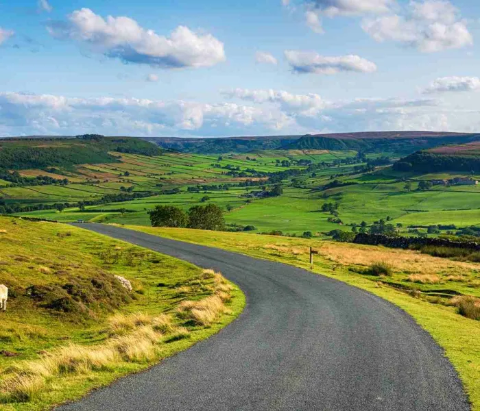 Route panoramique à travers la campagne anglaise illustrant les plus beaux road trips d'Angleterre