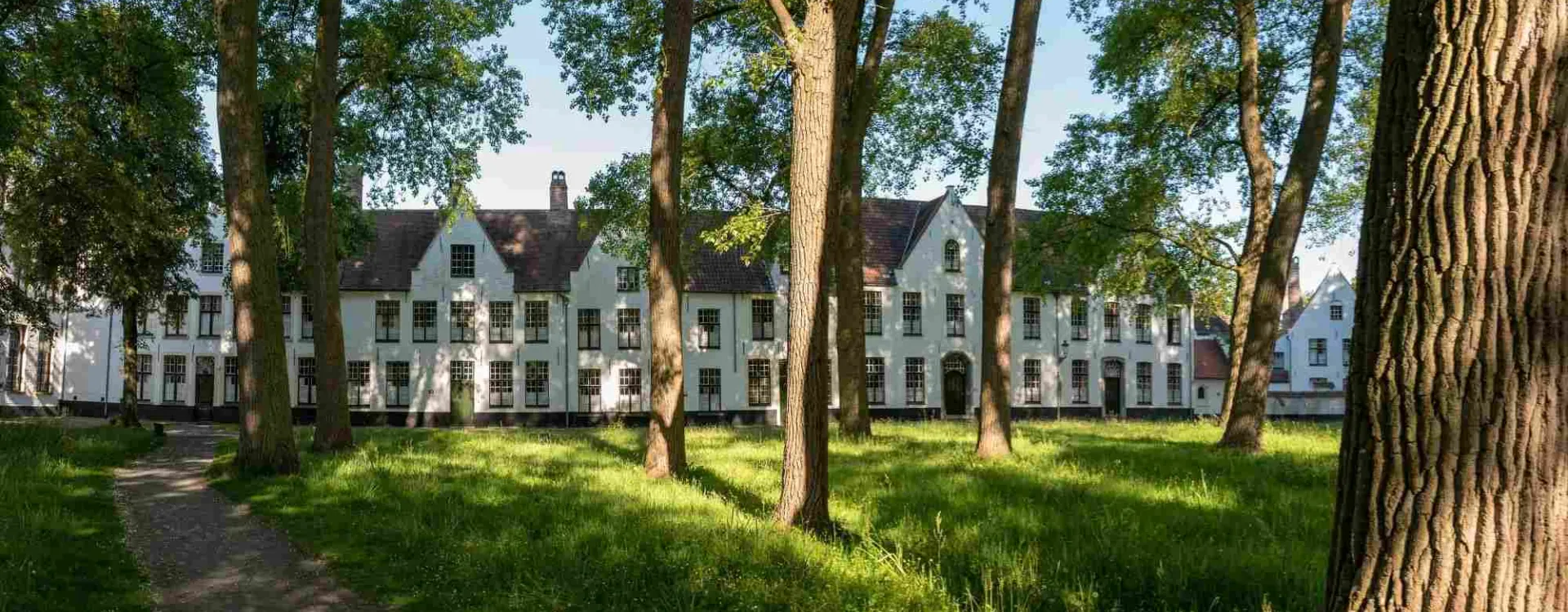 Béguinage de Bruges avec ses maisons blanches historiques entourant un jardin arboré classé au patrimoine mondial de l'UNESCO