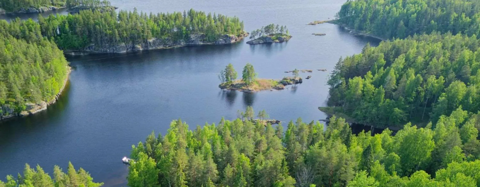 Paysage de la région des Lacs en Finlande avec lacs, îles boisées et forêts