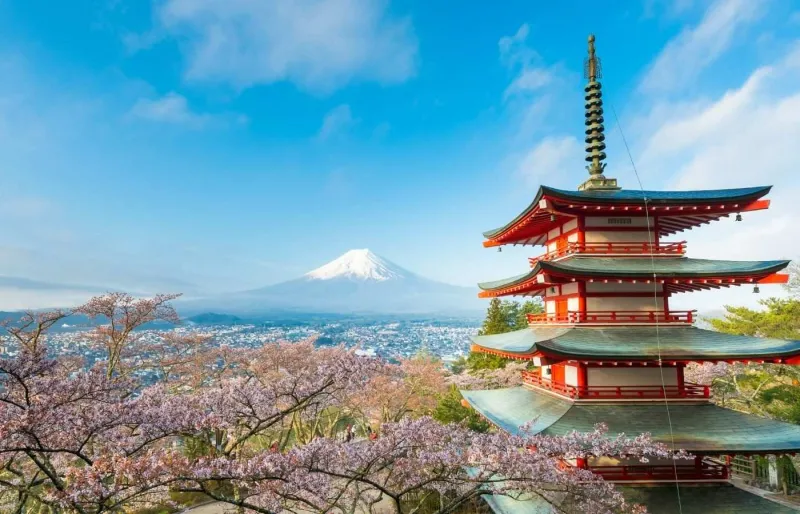 Pagode Chureito avec le Mont Fuji et les cerisiers en fleurs au printemps au Japon