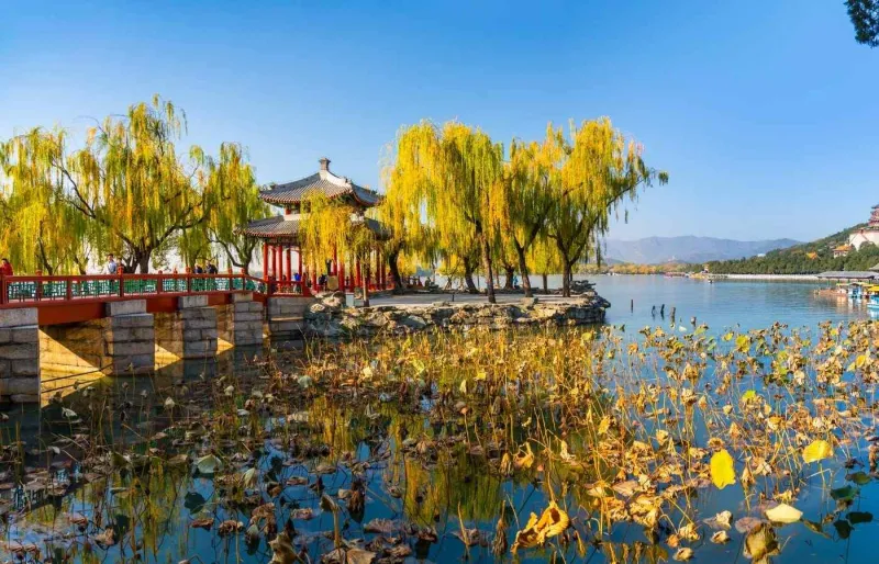 Lac de Kunming et pavillons du Palais d’Été à Pékin, avec paysage de jardin impérial chinois