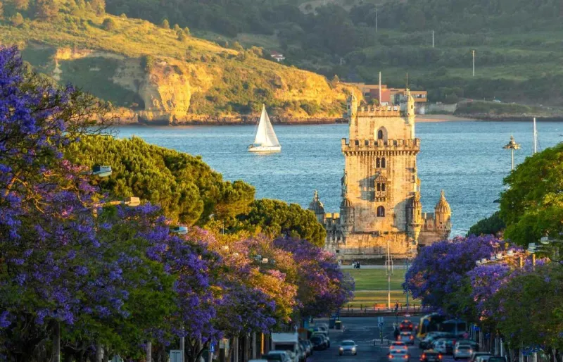 Tour de Belém à Lisbonne, entourée de jacarandas en fleurs au coucher du soleil