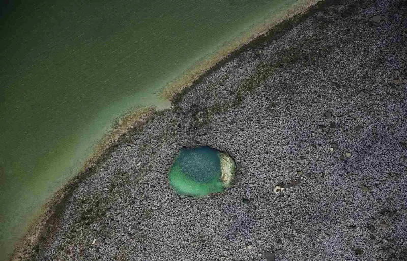 Blue Hole sur l’île d’Andros aux Bahamas entouré de récifs coralliens