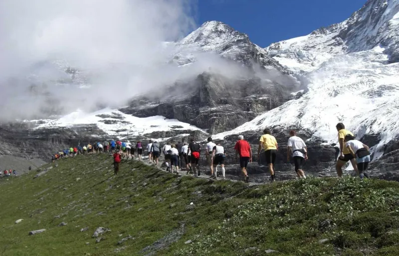 Coureurs participant au Jungfrau Marathon en Suisse sur un sentier de montagne face aux sommets alpins