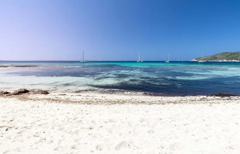 Plage de Ses Salines à Ibiza dans les Baléares avec sable blanc et eau turquoise