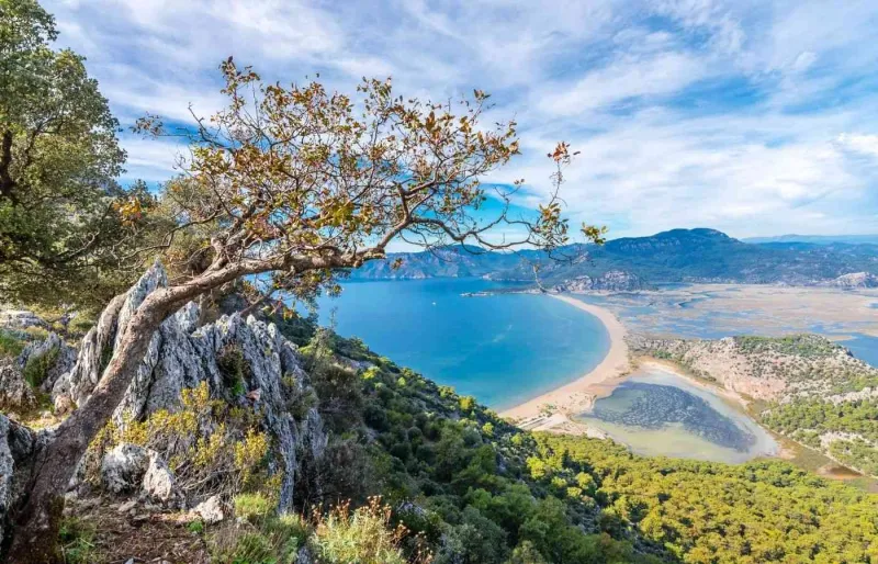 Vue de la plage d’Iztuzu à Dalyan en Turquie, longue plage de sable naturel entre rivière et mer,
