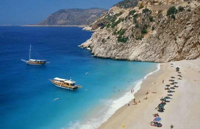 Plage de Kaputaş en Turquie entre Kaş et Kalkan, crique aux eaux turquoise entourée de hautes falaises