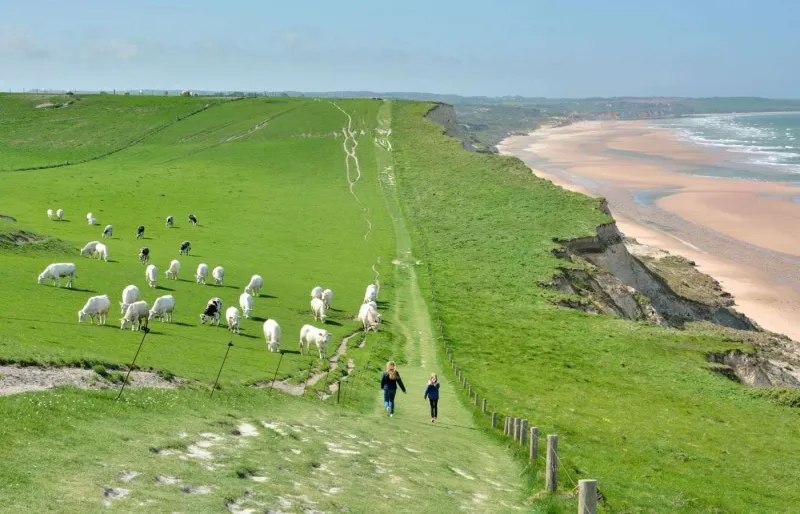 Jeunes filles marchant sur le sentier des falaises du site des Deux-Caps entre le cap Blanc-Nez et Wissant sur la Côte d'Opale