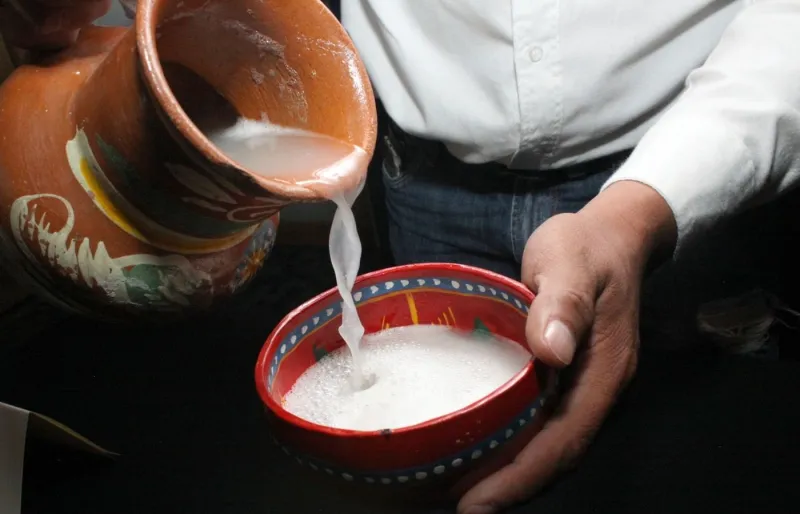 Service de pulque traditionnel mexicain dans une tasse artisanale