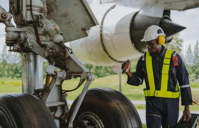 Mécanicien inspectant les moteurs d'un avion avant le décollage dans un aéroport.