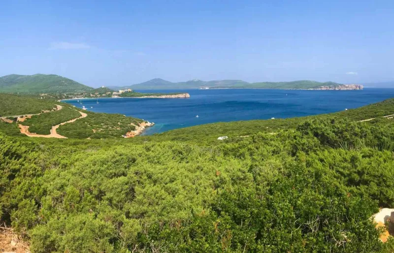 Vue sur la baie de Porto Conte depuis la réserve naturelle Le Prigionette, lors d'une randonnée dans le parc naturel de Porto Conte en Sardaigne.