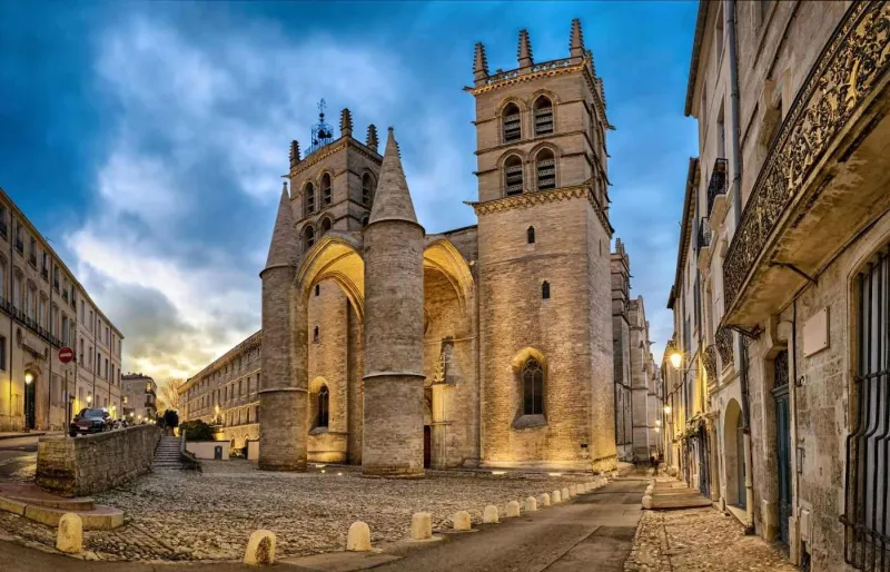 Façade de la cathédrale Saint-Pierre de Montpellier avec son monumental porche gothique.