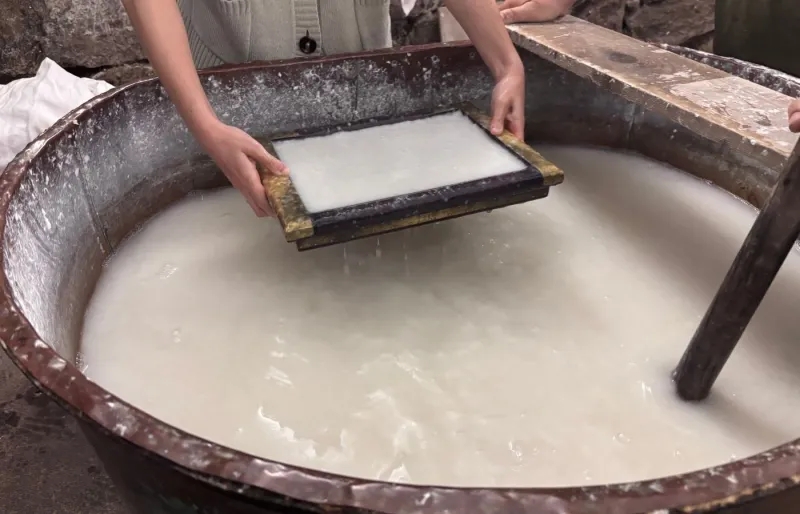 Fabrication artisanale d'une feuille de papier au Moulin Richard de Bas à Ambert dans le Puy-de-Dôme