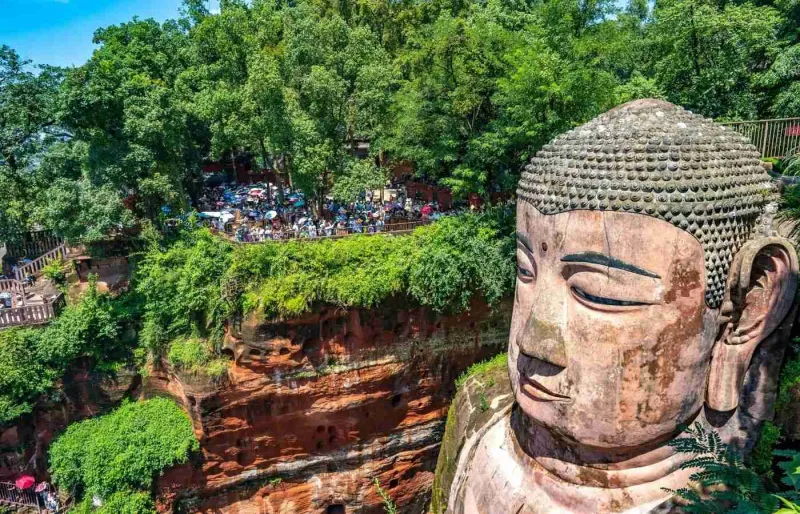 Tête du Grand Bouddha de Leshan sculpté dans la falaise, dans la province du Sichuan en Chine