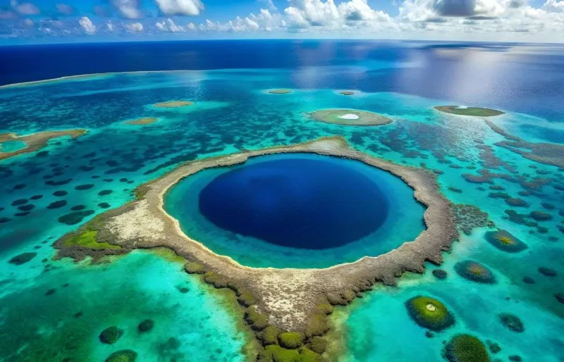 Vue aérienne du Great Blue Hole, célèbre site de plongée au large du Belize, entouré des eaux turquoise de Lighthouse Reef.