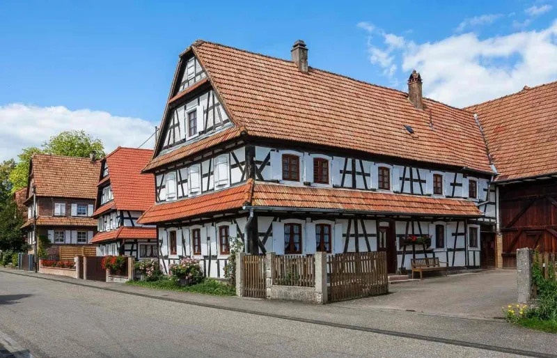Maisons à colombages blanchies à la chaux dans le village de Hunspach en Alsace du Nord
