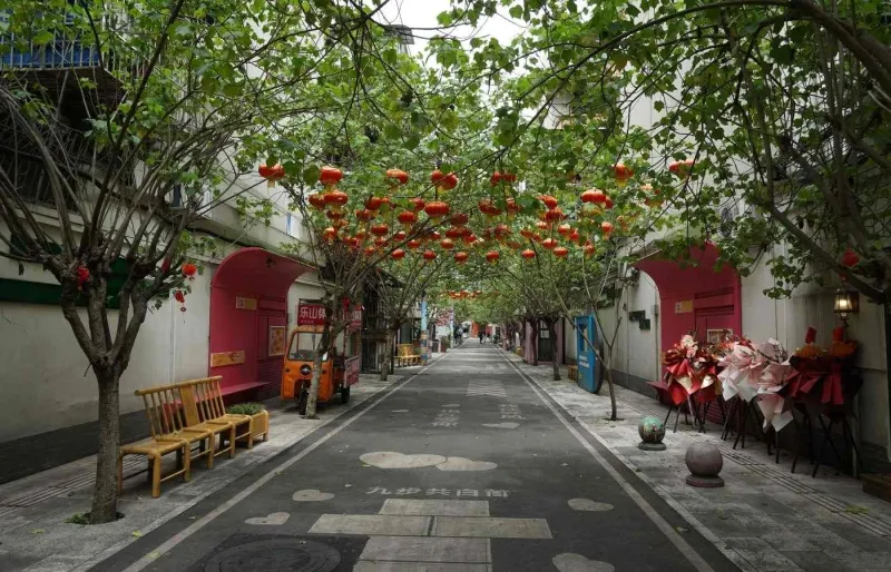 Rue ombragée du quartier de Yulin à Chengdu en Chine