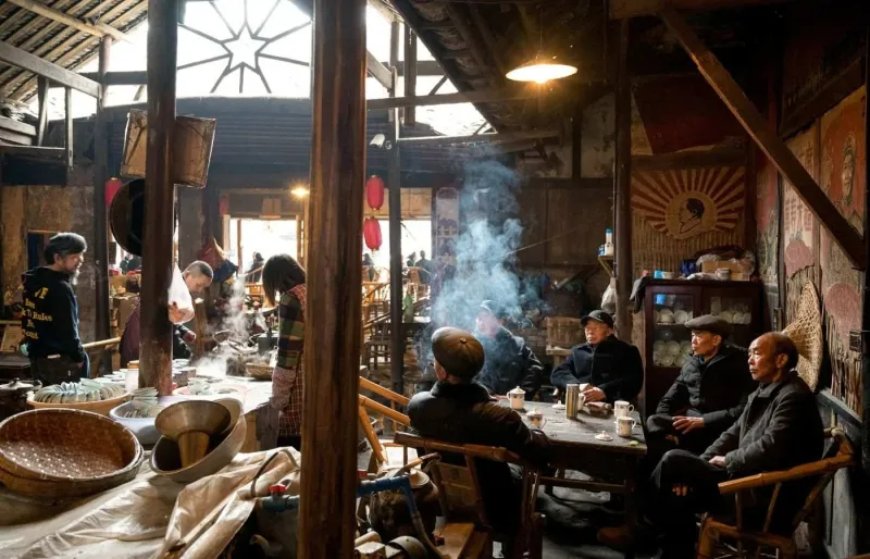 Clients réunis dans un salon de thé traditionnel en Chine